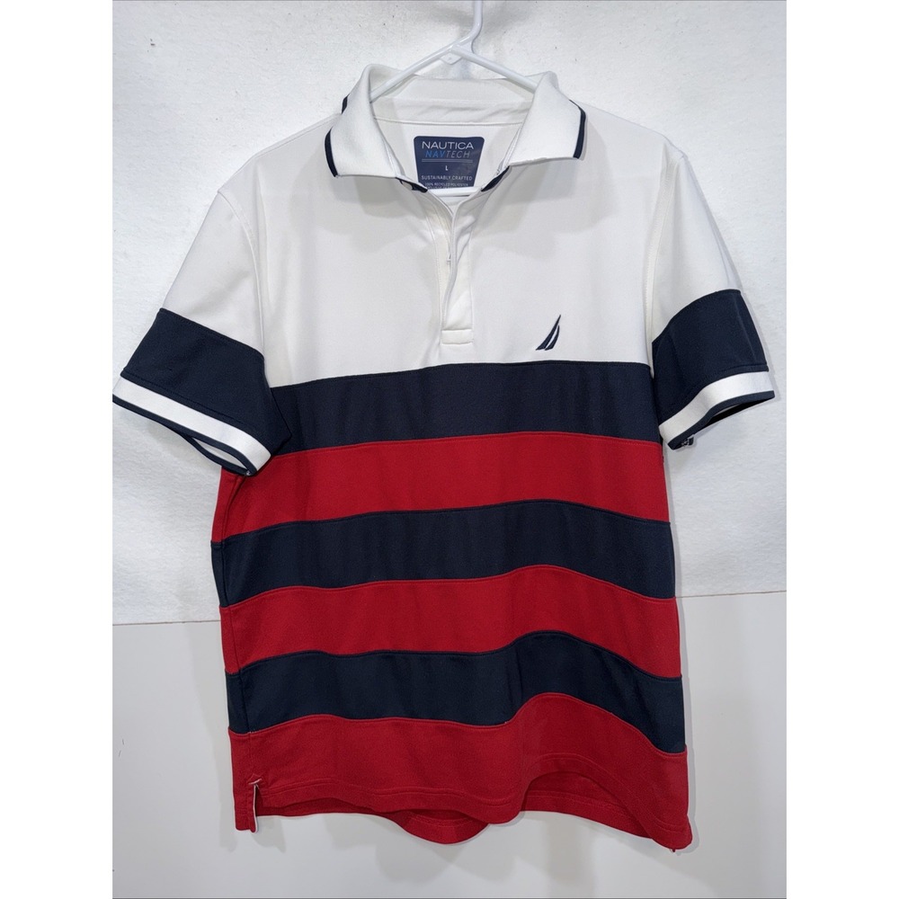 NAUTICA  Navtech Polo Shirt Color Block Spell Out‎ Men's Large Zipper Pull Rugby